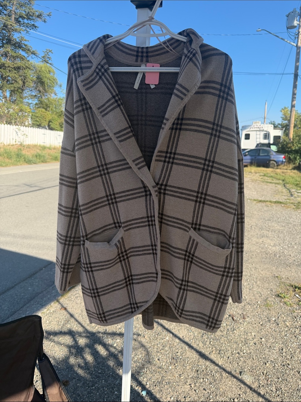 Plaid Hooded Blazer Jacket in Taupe and Black